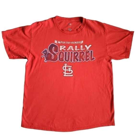 2011 MLB St. Louis Cardinals Rally Squirrel Post Season T-Shirt Size L Red - Picture 1 of 3
